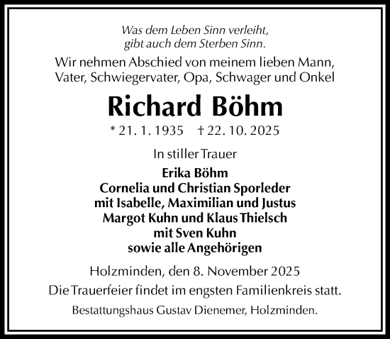 Traueranzeige von Richard Böhm von Täglicher Anzeiger Holzminden