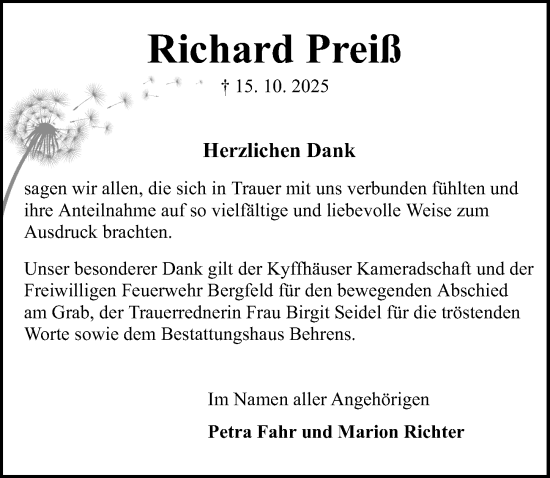 Traueranzeige von Richard Preiß von Aller Zeitung