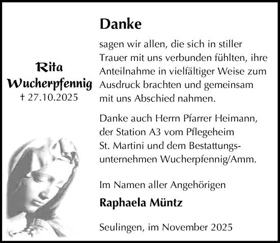 Traueranzeige von Rita Wucherpfennig von Eichsfelder Tageblatt