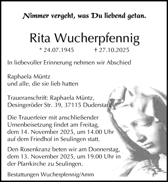 Traueranzeige von Rita Wucherpfennig von Eichsfelder Tageblatt