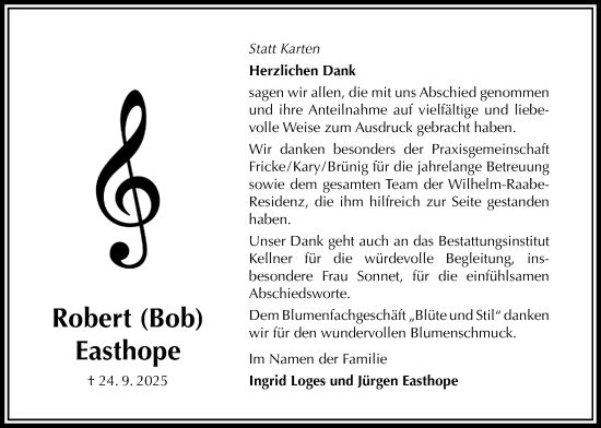 Traueranzeige von Robert Easthope von Täglicher Anzeiger Holzminden