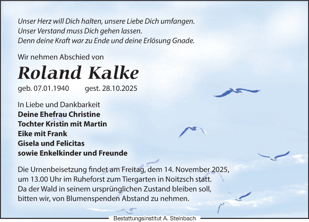  Traueranzeige für Roland Kalke vom 08.11.2025 aus Leipziger Volkszeitung