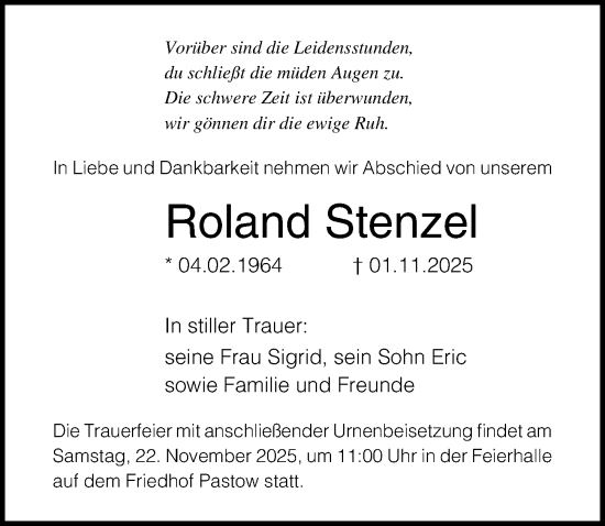 Traueranzeige von Roland Stenzel von Ostsee-Zeitung GmbH