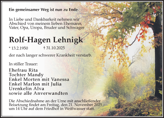 Traueranzeige von Rolf-Hagen Lehnigk von Sächsische Zeitung