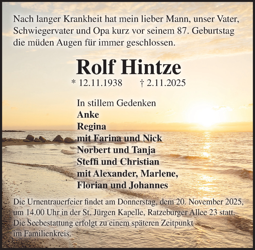  Traueranzeige für Rolf Hintze vom 16.11.2025 aus Lübecker Nachrichten