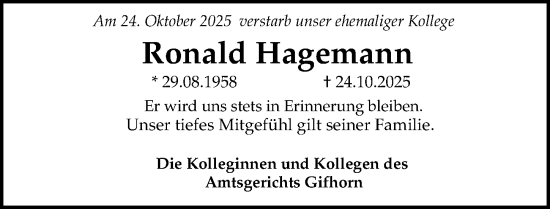 Traueranzeige von Ronald Hagemann von Aller Zeitung