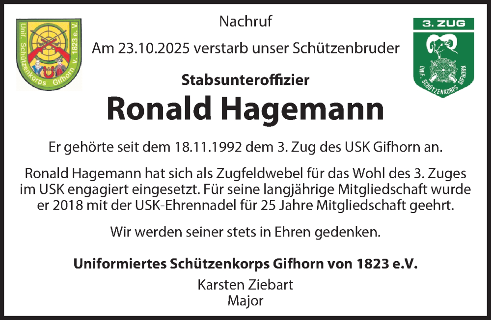  Traueranzeige für Ronald Hagemann vom 29.11.2025 aus Aller Zeitung