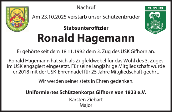 Traueranzeige von Ronald Hagemann von Aller Zeitung