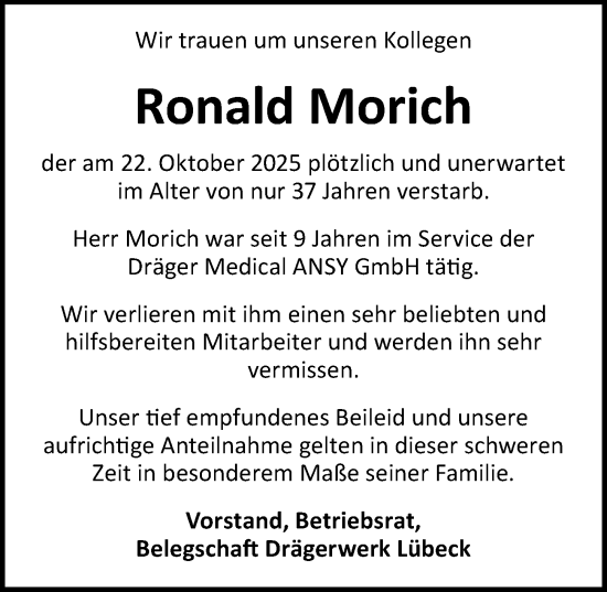 Traueranzeige von Ronald Morich von Lübecker Nachrichten