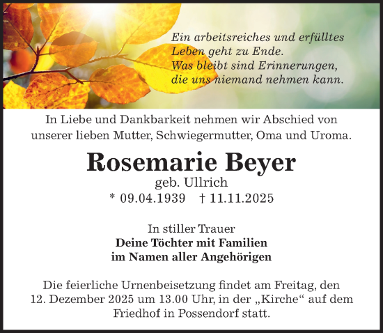 Traueranzeige von Rosemarie Beyer von Sächsische Zeitung