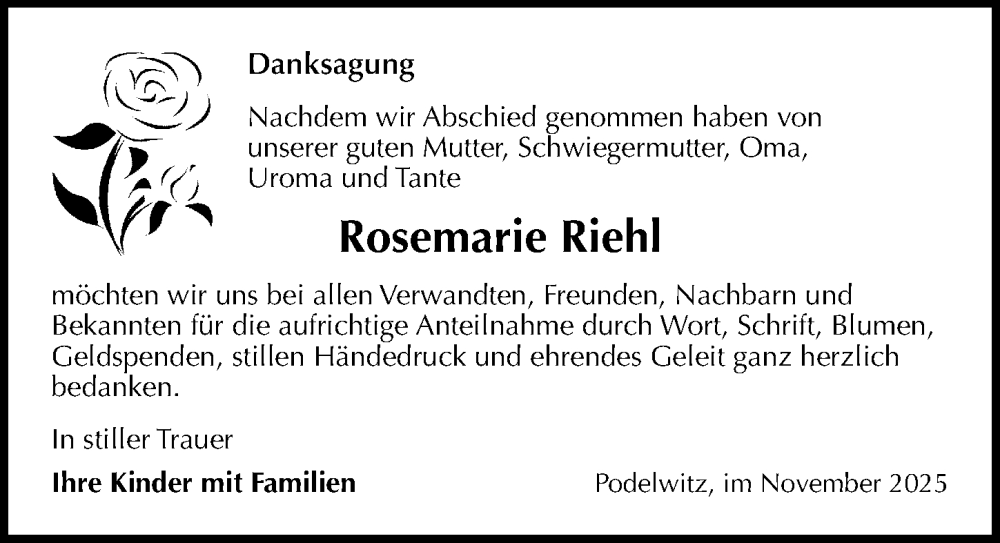  Traueranzeige für Rosemarie Riehl vom 29.11.2025 aus Leipziger Volkszeitung