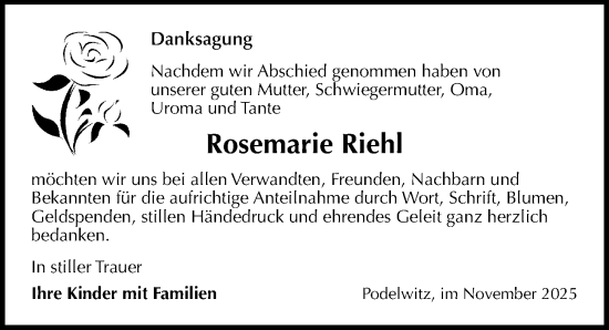 Traueranzeige von Rosemarie Riehl von Leipziger Volkszeitung