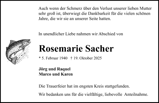 Traueranzeige von Rosemarie Sacher von Lübecker Nachrichten