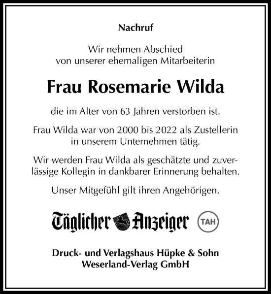 Traueranzeige von Rosemarie Wilda von Täglicher Anzeiger Holzminden