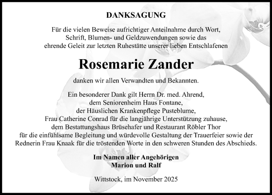 Traueranzeige von Rosemarie Zander von Wochenspiegel