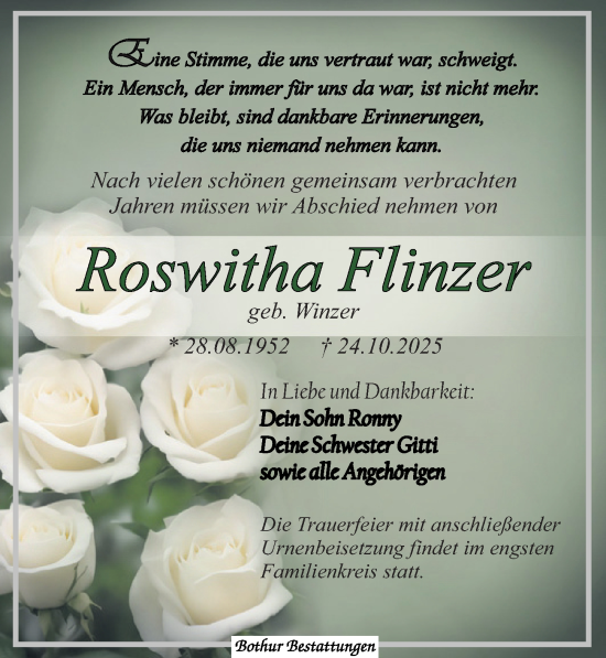 Traueranzeige von Roswitha Flinzer von Leipziger Volkszeitung