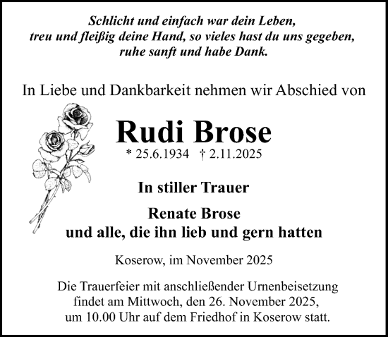 Traueranzeige von Rudi Brose von Ostsee-Zeitung GmbH