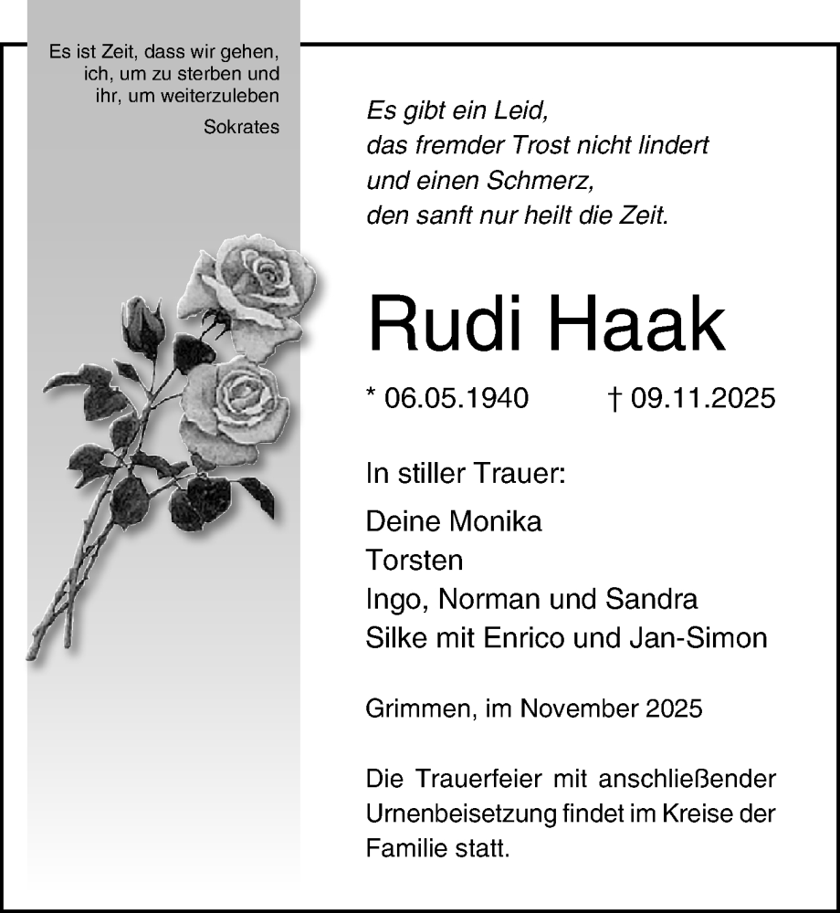  Traueranzeige für Rudi Haak vom 15.11.2025 aus Ostsee-Zeitung GmbH