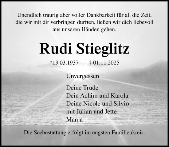 Traueranzeige von Rudi Stieglitz von Ostsee-Zeitung GmbH