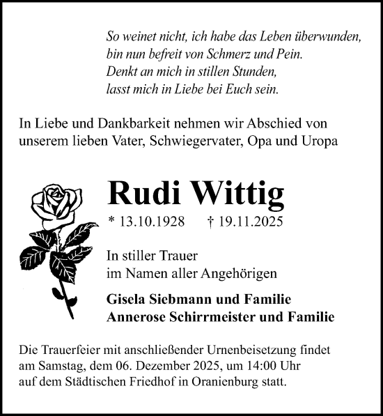 Traueranzeige von Rudi Wittig von Märkischen Allgemeine Zeitung