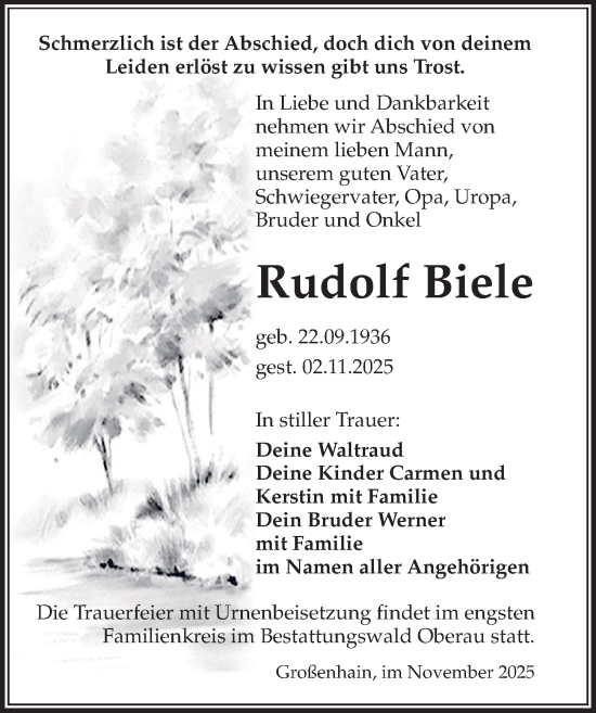 Traueranzeige von Rudolf Biele von Sächsische Zeitung
