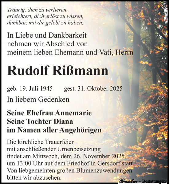 Traueranzeige von Rudolf Rißmann von Sächsische Zeitung