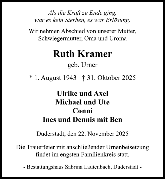 Traueranzeige von Ruth Kramer von Eichsfelder Tageblatt