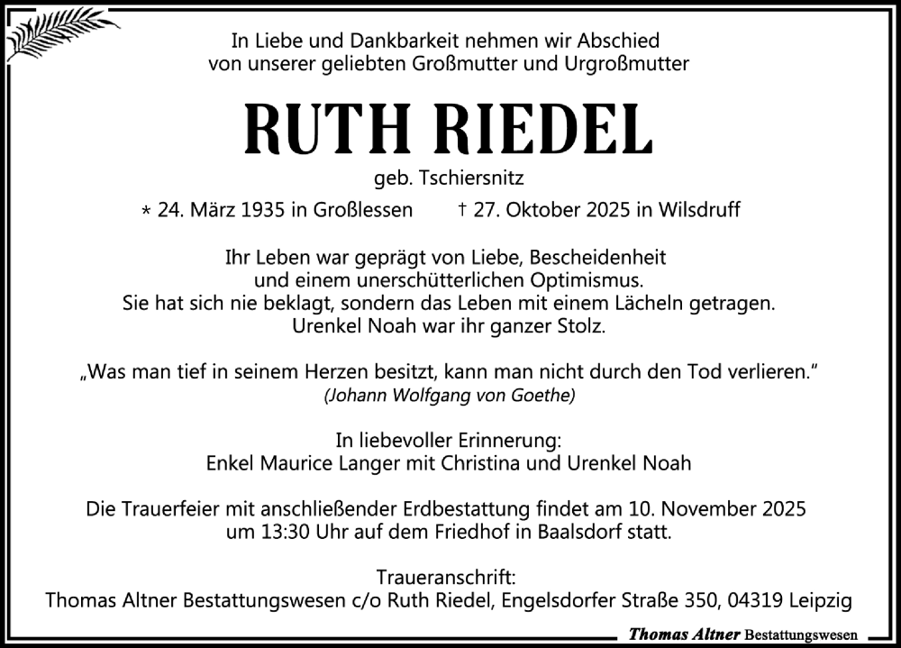  Traueranzeige für Ruth Riedel vom 05.11.2025 aus Leipziger Volkszeitung