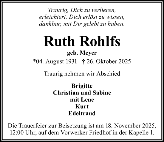 Traueranzeige von Ruth Rohlfs von Lübecker Nachrichten