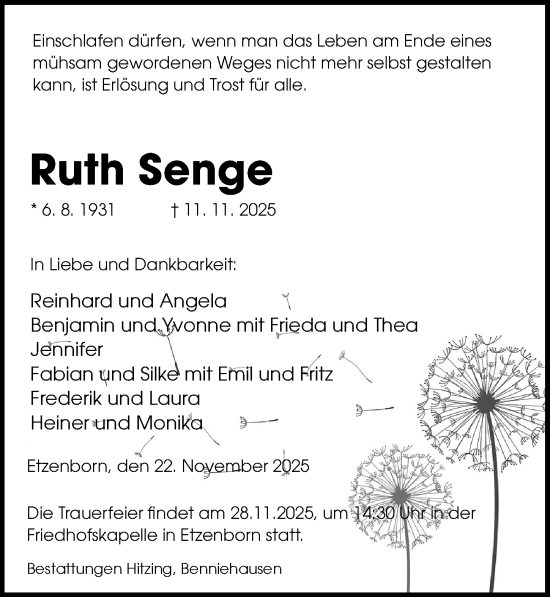 Traueranzeige von Ruth Senge von Göttinger Tageblatt