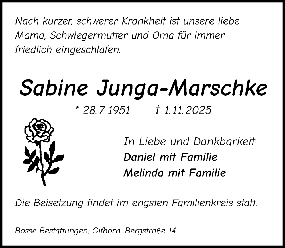  Traueranzeige für Sabine Junga-Marschke vom 08.11.2025 aus Aller Zeitung