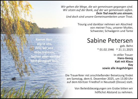 Traueranzeige von Sabine Petersen von Märkischen Allgemeine Zeitung
