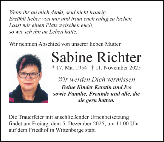 Traueranzeige von Sabine Richter von Wochenspiegel