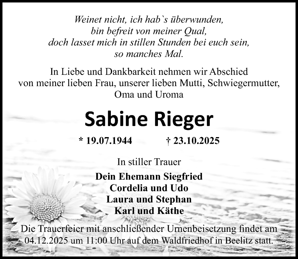  Traueranzeige für Sabine Rieger vom 22.11.2025 aus Märkischen Allgemeine Zeitung