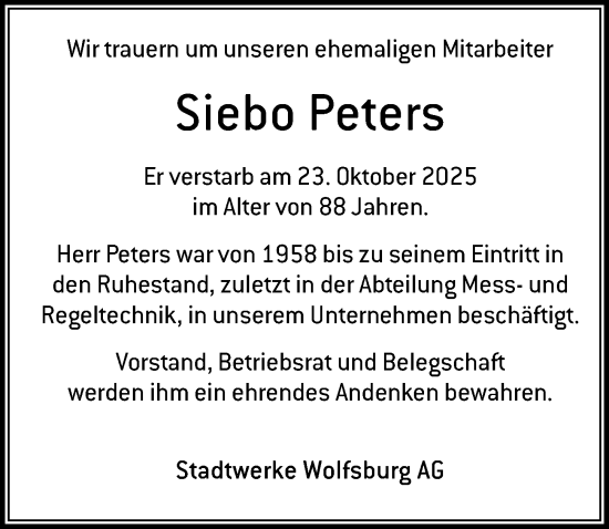 Traueranzeige von Siebo Peters von Aller Zeitung