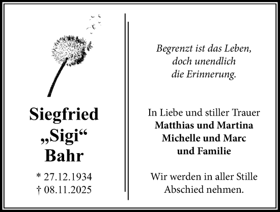 Traueranzeige von Siegfried Bahr von Lübecker Nachrichten
