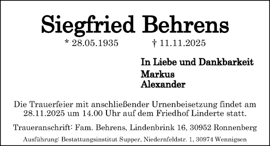Traueranzeige von Siegfried Behrens von Hannoversche Allgemeine Zeitung/Neue Presse