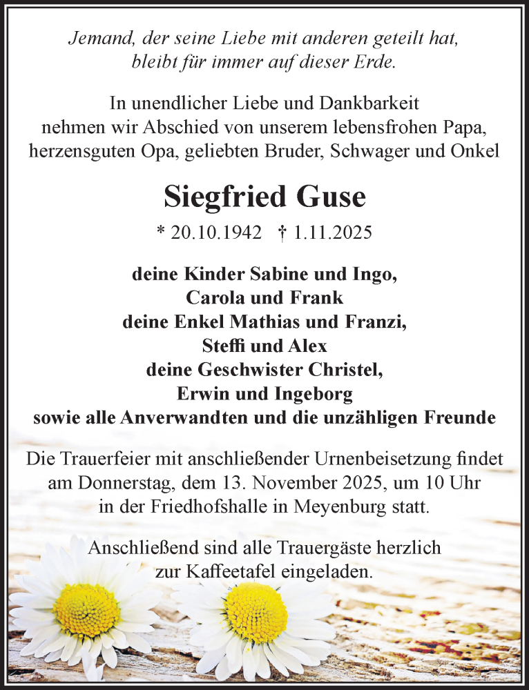  Traueranzeige für Siegfried Guse vom 08.11.2025 aus Wochenspiegel