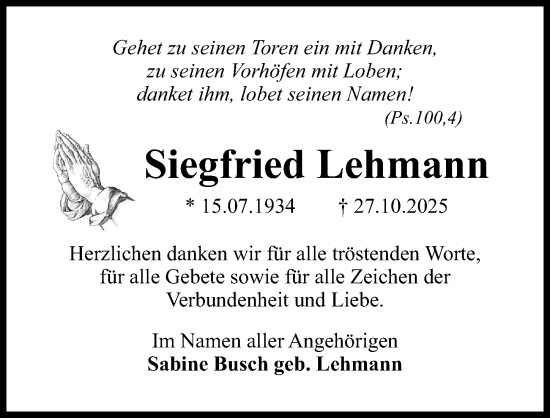 Traueranzeige von Siegfried Lehmann von Märkischen Allgemeine Zeitung