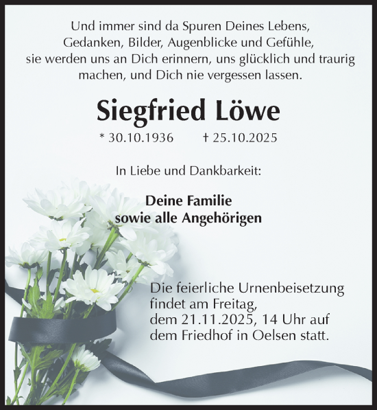Traueranzeige von Siegfried Löwe von Sächsische Zeitung