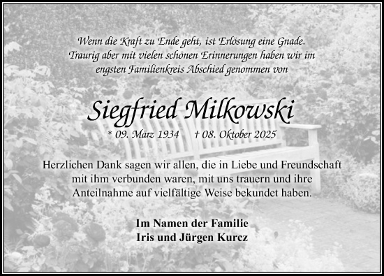 Traueranzeige von Siegfried Milkowski von Wochenspiegel
