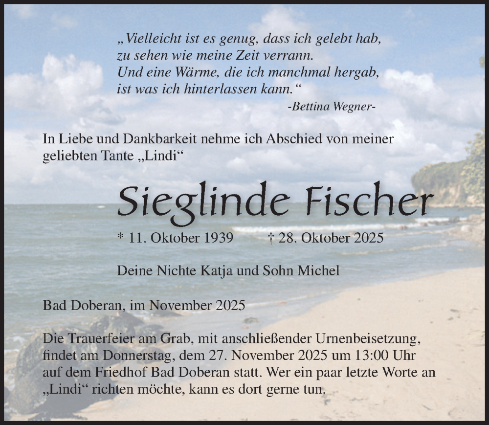  Traueranzeige für Sieglinde Fischer vom 15.11.2025 aus Ostsee-Zeitung GmbH