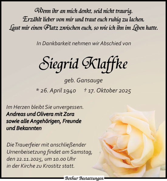 Traueranzeige von Siegrid Klaffke von Leipziger Volkszeitung