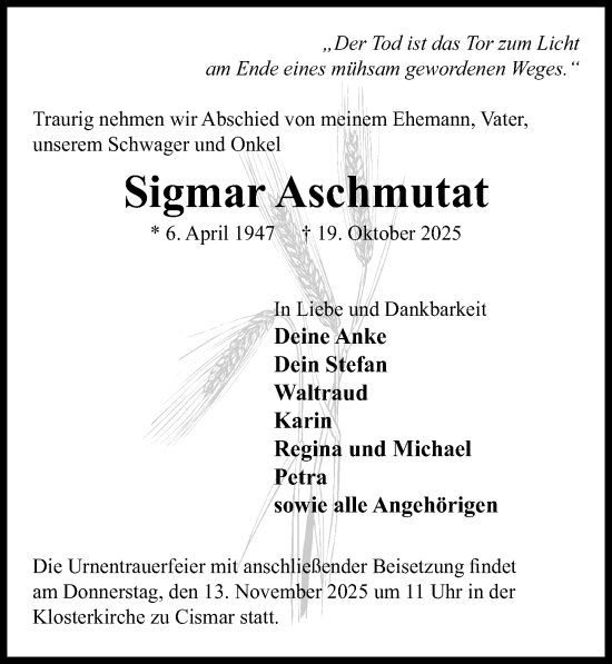 Traueranzeige von Sigmar Aschmutat von Lübecker Nachrichten