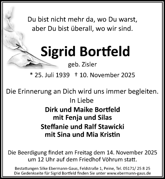 Traueranzeige von Sigrid Bortfeld von Peiner Allgemeine Zeitung