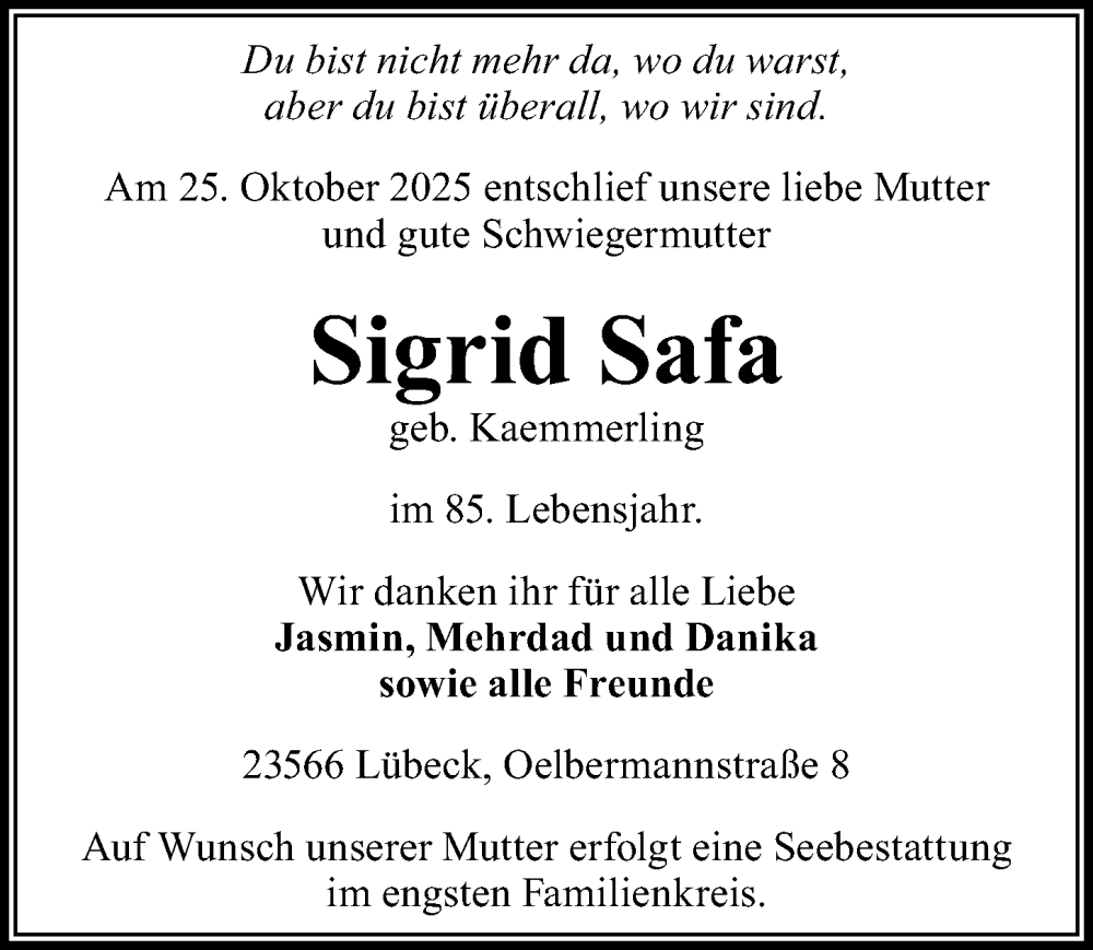  Traueranzeige für Sigrid Safa vom 09.11.2025 aus Lübecker Nachrichten