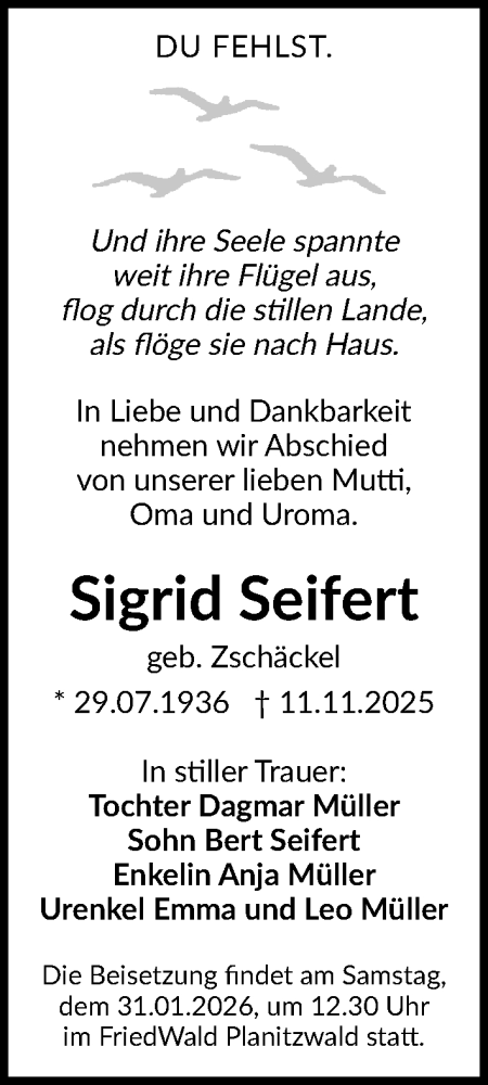 Traueranzeige von Sigrid Seifert von Leipziger Volkszeitung