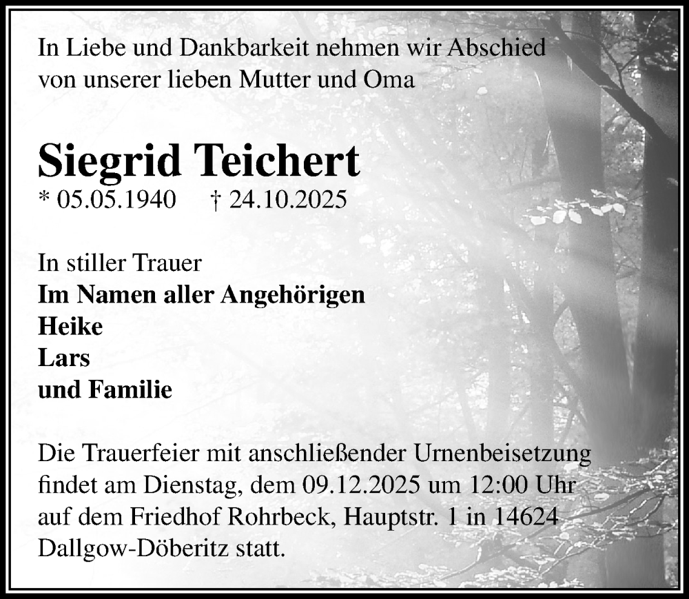 Traueranzeige für Sigrid Teichert vom 29.11.2025 aus Märkischen Allgemeine Zeitung