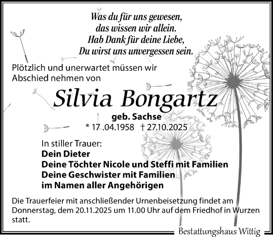 Traueranzeige von Silvia Bongartz von Leipziger Volkszeitung