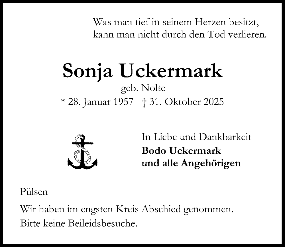  Traueranzeige für Sonja Uckermark vom 08.11.2025 aus Kieler Nachrichten